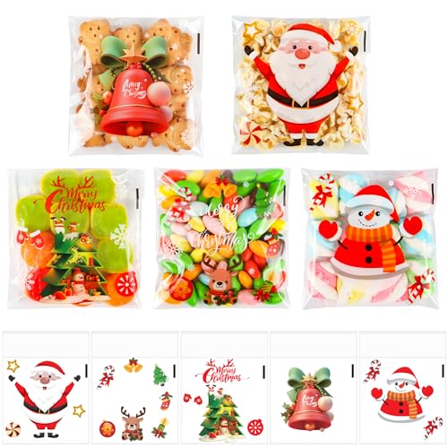 Self-Sealing Christmas Cellophane Treat Bags – 200Pack 4x4 Self-Adhesive Clear Holiday Cookie Bags with Festive Designs for Gift Giving, Small Goodie Bags for Candy, Cookies, Party Favors & Gifts - color: Christmas - 200PCS