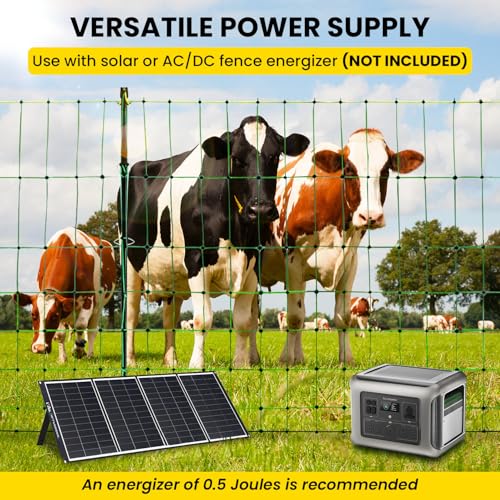 Rintea Electric Fence Netting, 42.6 in H x 164 ft L, Livestock Fence | Portable PE livestock net with 14 double-spike posts for sheep, goats, hogs, cattle and dogs; energizer not included