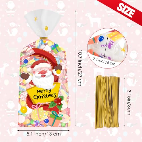 100 Pcs Christmas Treat Bags - Cute Merry Christmas Cellophane Bags, Plastic Christmass Gift Bags Bulk, Clear Winter Xmas Candy Cello Goodie Bag with Twist Ties for Xmas Party Favors Supplies - color: Christmas