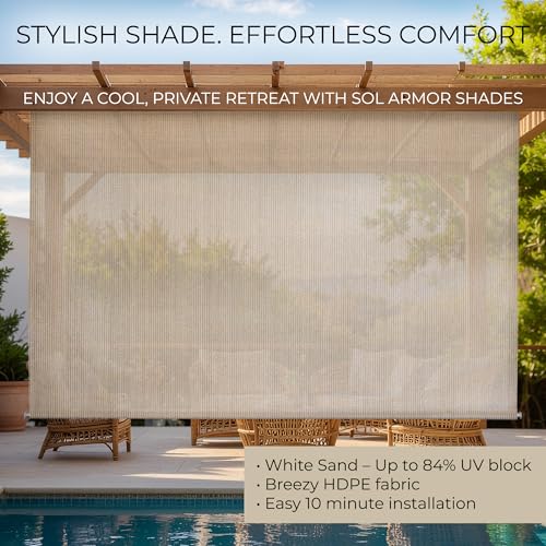 Outdoor Patio Roll Up Shade for Use on Exterior Porch, Patio, Window and More | High Density Polyethylene Privacy Screen Blocks 84% of UV Rays | Hardware Included | 6 ft Wide | White Sand - color: White Sand, size: 72"W x 72"H