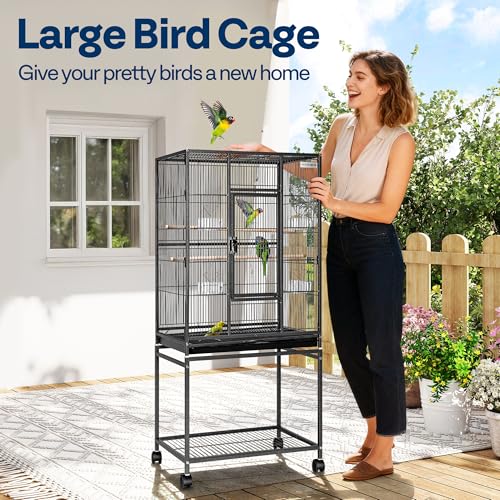 VIVOHOME 54 Inch Wrought Iron Large Bird Cage with Rolling Stand | Bird Flight Cage with Stand, Casters, Slide-out Tray for Parakeets Canaries Parrot Cockatiels Lovebirds Conures, Black - color: Black