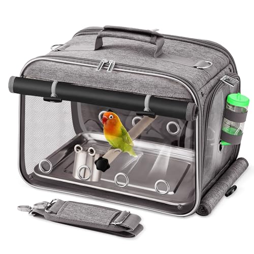 Bird Carrier Airline Approved, Bird Travel Cage with Indestructible Stainless Steel Mesh, Bird Travel Bag Lightweight and Portable with Water Bottle and Bowl - color: Grey