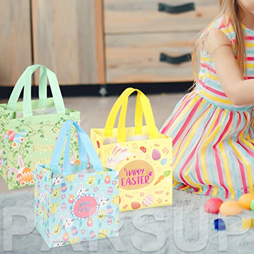 12PCS Happy Easter Egg Hunt Bags Easter Bunny Carrot Chick Egg Gift Bags with Handles, Easter Treat Bags, Easter Party Supplies , 8.3×7.9×5.9inch - color: Foil Blue Yellow Pink