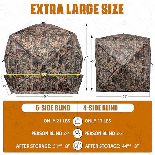 Extra Large Hunting Blind 4 Person with Portable Hunting Chair, 288 Degree See Through Pop up Ground Blinds for Deer Turkey Duck Hunting, Bow Hunting Adjust Windows with Silent Zipper - color: Green