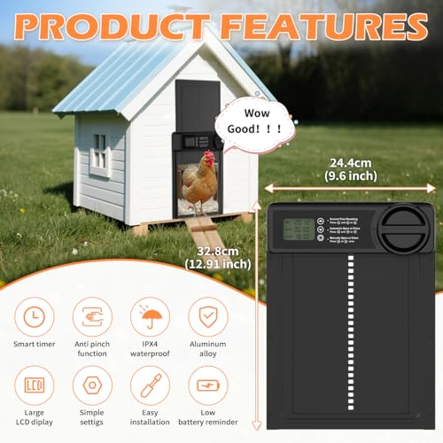 Automatic Chicken Coop Door, Battery Powered with Anti-Pinch Sensor | Waterproof Automatic Opener, Smart Timer, Large LCD Display, Auto Open/Close for Hens, Ducks & Geese Poultry