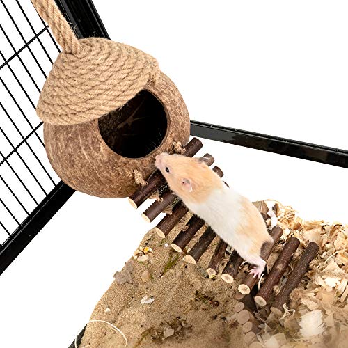 andwe Coconut Bird Nest Hut with Ladder | fits for Parrots Parakeet Conures Cockatiel Small Animals House Pet Cage Habitat
