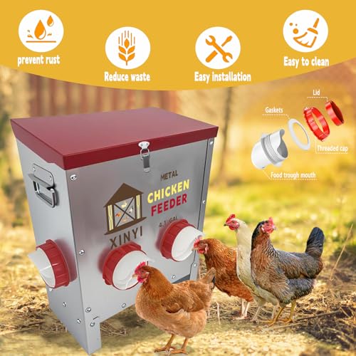 25lbs Metal Chicken Feeder, 4 Ports Galvanized Feeder, Goat Proof Auto Chicken Feeder, Weatherproof Chicken Food Dispenser System for Outdoor Coop,4.1 Gallon - size: 4 ports