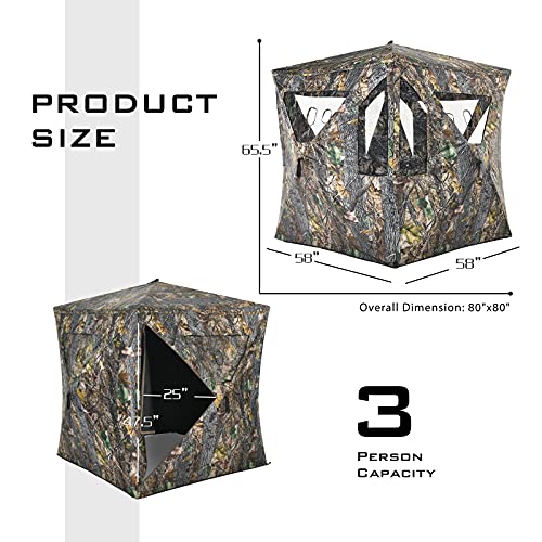 Tangkula 3 Person Pop up Ground Blind, Portable Hunting Blind with Mesh Windows, Carrying Bag & Ground Stakes, Camouflage Hunting Tent with Hub System, Camo Deer Blinds for Hunting - style: Trapezoidal window