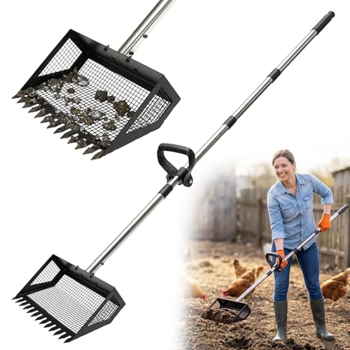 Biupky 10inch Chicken Poop Scooper & Rake, Chicken Litter Scoop with Handle for Chicken Coop & Pet Waste Cleaning for Chicken Coop, Goat Stall, Stable, Litter Sifting Shovel（24 to 63"