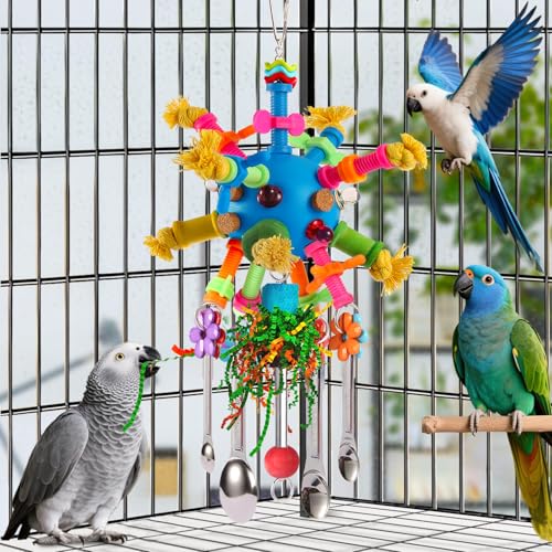 Parrot Toys Bird Toys Perch Pullable Stainless Steel Spoons Colorful Acrylic Stick Chew Toys for Amazons Mini Macaws African Greys Cockatoos Conures, Cockatiels, Lovebirds, Parrotlets and Other (blue) - color: blue