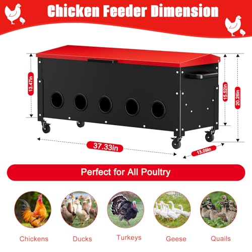 Portable Metal Chicken Feeder, 10 Feeding Ports,Freestanding Chicken Feeder with Top-Sloped Lid, No Waste Gravity Poultry Feeder, 120 lbs Large Capacity