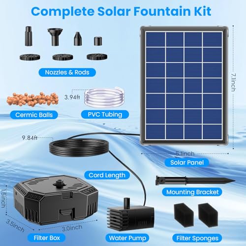 Antfraer 4W Solar Fountain Pump with Pond Filter, Solar Pond Filter Kit with 5 Nozzles & PVC Tubing, Solar Water Fountain for Outdoor Bird Bath, Small Ponds, Water Circulation & Oxygenation - style: 4W