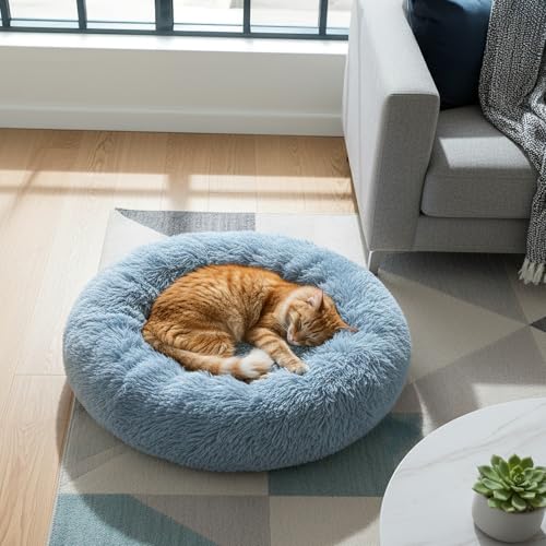 PetAmi Calming Donut Dog Bed, Washable Faux Fur, 23 Inch Small, Blue | Warm Shaggy Faux Fur and A Deep Nest Help Anxious Pets Curl Up and Sleep Soundly. Perfect for Puppies, Cats, and Rescues. - color: Dusty Blue, size: Small - 23"