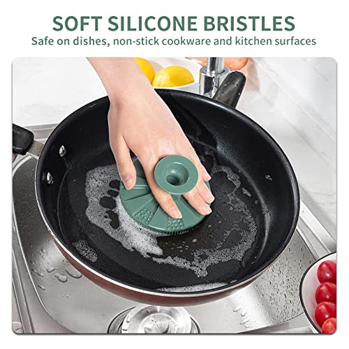 Silicone Dish Scrubber, Non-Scratch Scrub Spong for Washing Dish, Pot, Pan | Kitchen Silicone Sponge, Fruit & Vegetable Cleaning Brush, Reusable Dishwashing Scrubber, Suction Up Hang, 1 Pack, OliveGreen - color: 1pcs Olive Green