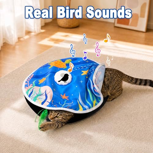 21 Pcs Interactive Cat Toys for Indoor Cats, Rechargeable Touch Activated Hide and Seek Toy with 2 Chasing Feathers, Bird Chirping for Bored Kittens
