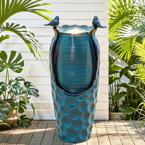 Autodaya 33" Vase Ceramic Outdoor Water Fountain with Lights and Birds | teal blue glazed water feature with textured design, ambient soothing cascading water flow for garden patio yard sanctuary - color: 33"h-birds Jar Turquoise Glaze