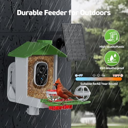 Bird Feeder with Camera, 2K HD Smart Birds Feeder with Solar Panel, AI Bird-Recognition, Instant Motion Alerts, Auto Capture BirdVideos, Outdoor Birdhouse Feeder Gift for Bird Lovers - color: Green