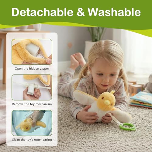 Baby Hanging Flying Bird Musical Toys for Stroller Car Seat Crib Play Gym | Ages 0-36 Months, Tummy Time, Sensory Music Toys, Plush with Clamp, Boys and Girls, Flapping Wings Bee/Birds Toy - color: Yellow Bird