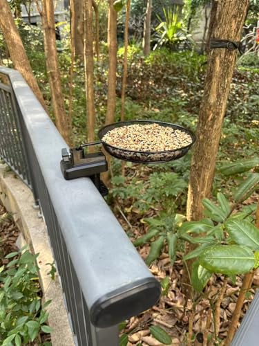 Railing/Fence/Pole Mount Bird Feeder 8" Metal Mesh Birdseed Tray for Deck/Balcony/Porch Wildbird Feeding Large Clamp(3" Max) Platform Wild Bird Feeder