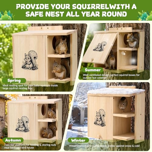 Large Widened Squirrel House for Outside, Waterproof Squirrel Nesting Box | External Platform & Porch, Anti-Predator Squirrel Box for Backyard, Solid Pine Wood, Easy to Assemble, DIY, 16×14.5×8 Inch