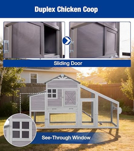 Mobile Chicken Coop with Run, Large Wooden Chicken House with Wheels, Duplex Hen House with Nesting Box, Slide-Out Tray, Waterproof Roof, Accommodates 2-4 Chickens - Grey - color: 73.4“L Light Grey