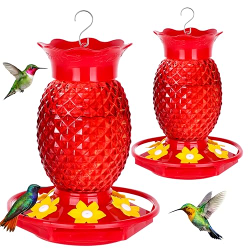 Fchstaer Glass Hummingbird Feeders for Outdoors Hanging 16oz 2 Pack Red Pineapple Bee & Ant Proof 360°Perch Leakproof Easy Clean with 6 Feeding Ports Gifts for Mom - color: Red-2PC