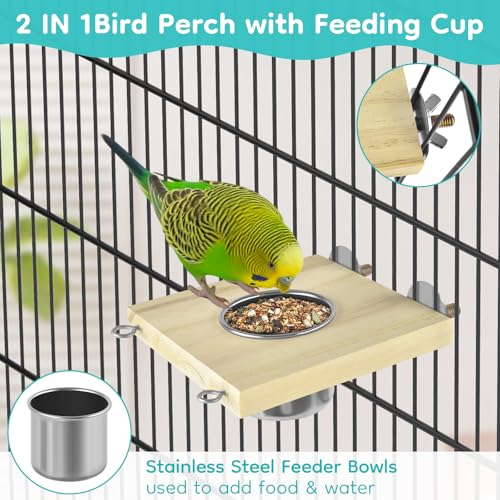 DBNESS 5in1 Bird Toys, Birdie Perches Platform Swing with Stainless Steel Feeding Cup Climbing Ladder, Wooden Play Gym for Cockatiels Lovebirds Budgies Pacific Parrotlets Finch Canaries