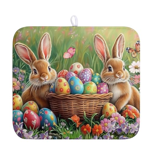 Easter Bunny Eggs Dish Drying Mat for Kitchen Counter 16x18 Inch Spring Easter Rabbit Flowers Drying Mat Microfiber Dish Drainer Rack Mats Absorbent Reversible Dishes Pad Dish Dryer Mat - color: Easter Egg Bunny, size: 16" x 18"