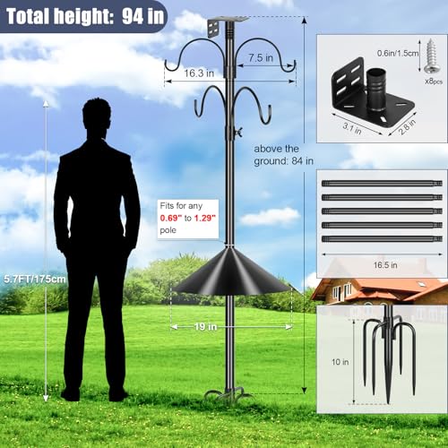 Gtongoko Smart Bird Feeder Pole Squirrel Proof 1-Inch Dia 94 Inch with 4 Shepherds Hooks Hanging Bluebird House Pole for Outdoors Squirrel Baffles for Feeders Metal Heavy Duty Mounting Kit - color: 94 Inch with Baffle