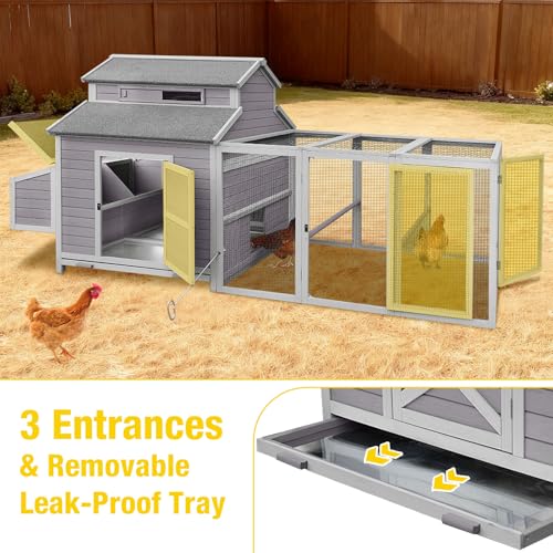 Large Chicken Coop for 8-10 Chickens, Wooden Hen House with Outdoor Run & Nesting Boxes, 115" L Poultry Cage for Backyard, Walk-in Duck Coop with Metal Trays & Perches - color: Grey, size: 115"L(6-8 chickens)