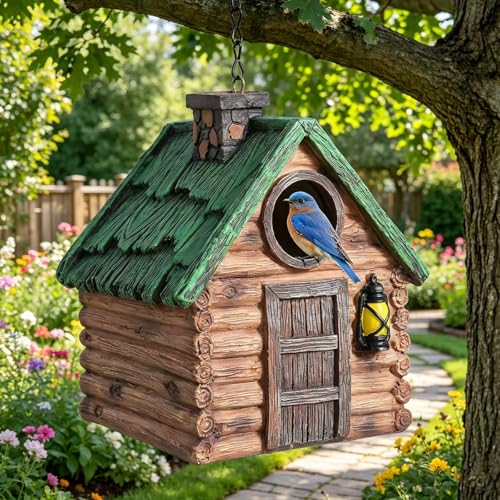 Rustic Hanging Bird House for Outside, Waterproof Resin Bluebird Nest Box | Ideal Nesting Shelter for Bluebird, Robin, Sparrow and Other Small Wild Birds, Backyard Landscape Decoration