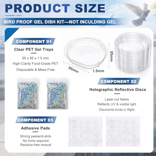 Qinyoung 100 Pack Bird Repellent Gel Trays (Gel Not Included) Clear PET Plastic Dishes with Holographic Reflectors for Outdoor Bird Deterrent, No Mess Application for Roof, Ledges, Beams, Signs