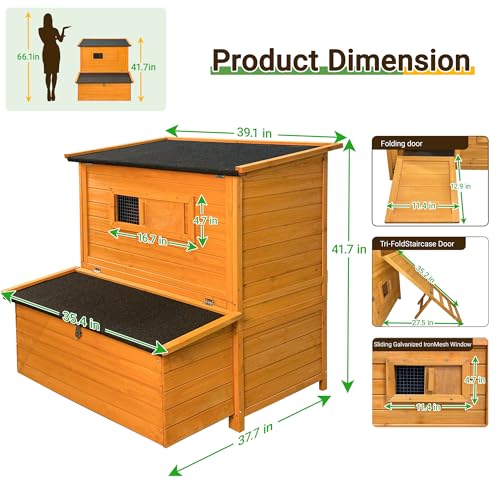 2-Story Chicken Coop for 6-8 Chickens, Sturdy and Easy to Assemble | Spacious 3 Nesting Boxes, Easy-To-Clean Pull-Out 2 Trays, Featuring A Foldable Ramp, And Asphalt Roof