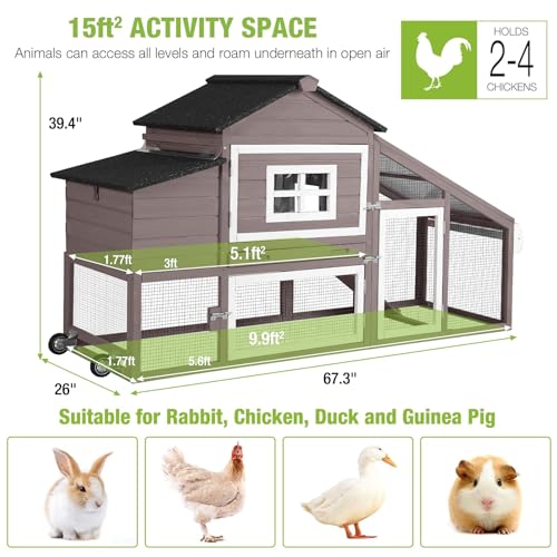 GUTINNEEN Chicken Coop Mobile Chicken House On Wheel Outdoor Rabbit Hutch for 2-4 Chickens 67"(Blown) - color: Blown