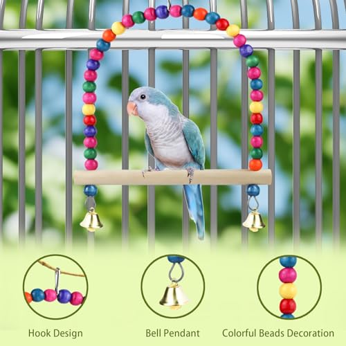 Wooden Bird Swing, 9 Inches Hanging Birds Cage Perches with Playing Bell, Natural Bird Chew Toys Boredom Breaker Bird Toys for Parakeets, Budgie, Cockatiel (Colorful, L) - color: Colorful