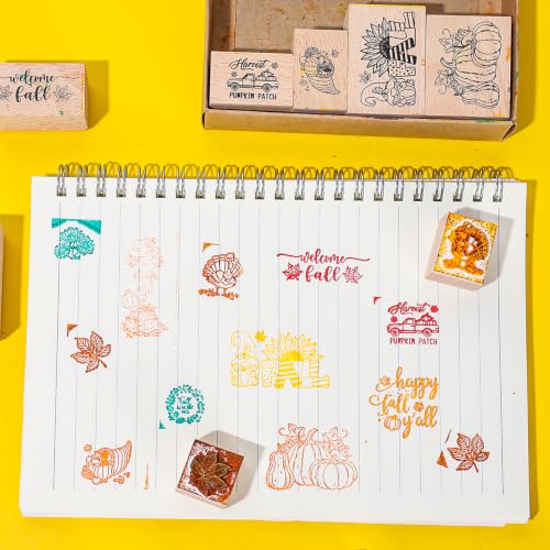 JarThenaAMCS 16Pcs Fall Wooden Rubber Stamps Set 11 Pcs Autumn DIY Craft Cards Stamps Pads with 5 Mixed Ink Pads for Fall Thanksgiving Party Gift Decor Classroom Scrapbooking Cards Making Supplies - style: Fall