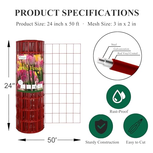 Red PVC Coated Welded Wire Fence 24" x 50' Roll, 2"x3" Mesh, 16 Gauge | Vinyl Coated Garden Fencing, Yard & Pet Barrier, Chicken Wire Fencing, Dog Enclosure Mesh, Vegetable Plant Protector - color: Red, size: 2''x3'' 16GA 24''x50'