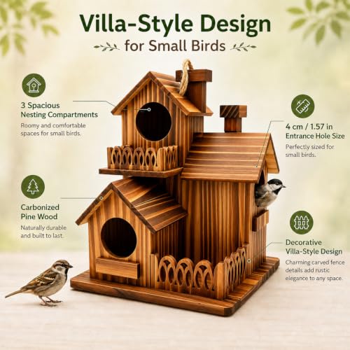Wooden Bird Houses for Outside, 3 Compartments Villa Hanging Birdhouse, Carbonized Pine Nesting Box for Bluebird Wren Finch Backyard Garden Decor