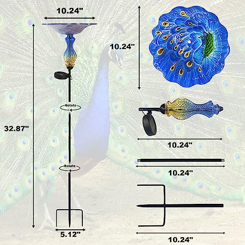 John's Studio Peacock Bird Bath for Outdoor - Glass Bowl Solar Light Bird Baths Cage Outside Dish Bird Feeder with Metal Stake for Garden, Yard and Patio - Blue 32 inches - color: Peacock Stake-Blue
