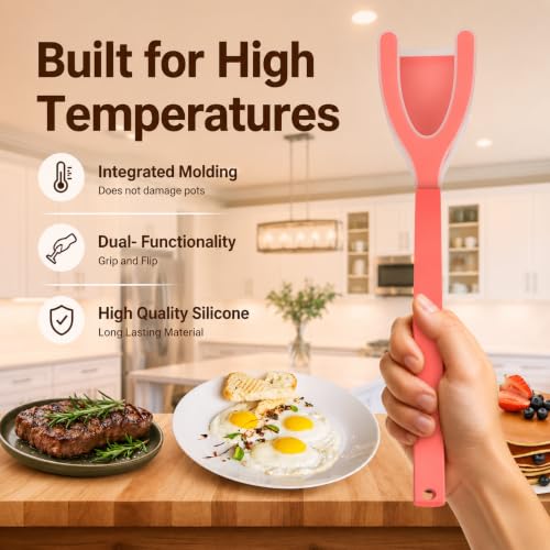 Silicone Egg Flipper Spatula Tongs (Set of 1) – Non-Stick 2-in-1 Grip & Flip Kitchen Tongs for Pancakes, Fish, Eggs, and More – Heat Resistant Cooking Tool (Red) - color: Red