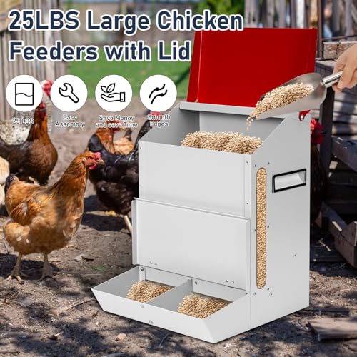 Automatic Chicken Feeder 25lb,Outdoor Galvanized Metal Poultry Feeder No Waste Rat Proof Feeder Trough with Lid Hanging Chicken Feeder Dispenser for Quails,Bantams, Ducks and Turkey