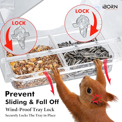 Window Bird Feeder, Wind-Proof Tray Lock, Chew-Resistant PC, Clear 1 PK | 5 Suction Cups, Sliding Tray, Extra Perch Ring, Weather-Resistant, Easy to clean, Durable for Outdoor