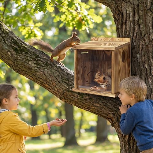 Wooden Squirrel House for Outside, Squirrel Nesting Box, Easy Assembly Squirrel Houses for Outside Nesting, Outside Nesting, Chipmunk Houses, Outdoor Squirrel Box for Backyard Wildlife