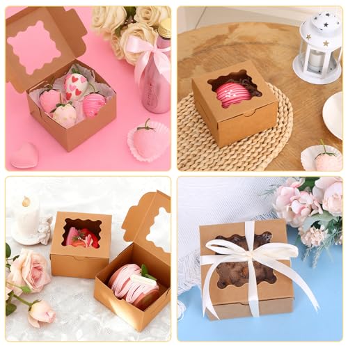 Moretoes 50pcs Small Cookie Boxes with Window, 4x4x2.5In Brown Bakery Boxes | Kraft Treat Boxes, Fit Small Cookies and Pastries, Suitable for Party Favors and Gifts - color: Brown