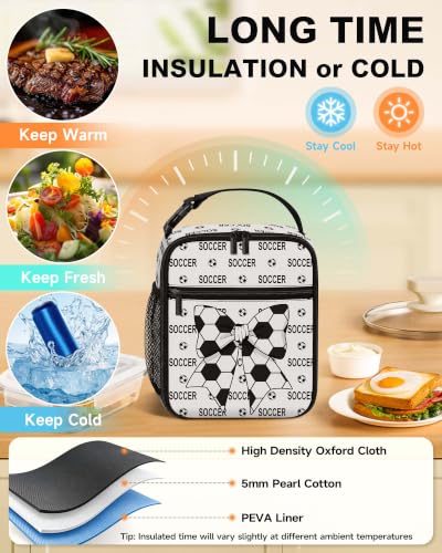 Lunch Box Girls Boys Insulated Lunch Bag for Kids Teen, Soccer Bow | Reusable Lunchbox, Cooler Tote Bag, Mesh Side Pocket, Easy to Clean, Waterproof Leak-Proof Lining for School Office Picnic - color: Soccer Bow