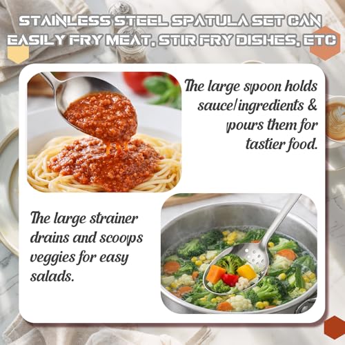 Zhehao 4 Pcs Stainless Steel Cooking Utensils Set Heat Resistant Stainless Steel Spatula Set, Include Slotted Turner Solid Turner Kitchen Skimmer Ladle Spoon with Long Handle, Dishwasher Safe, Silver