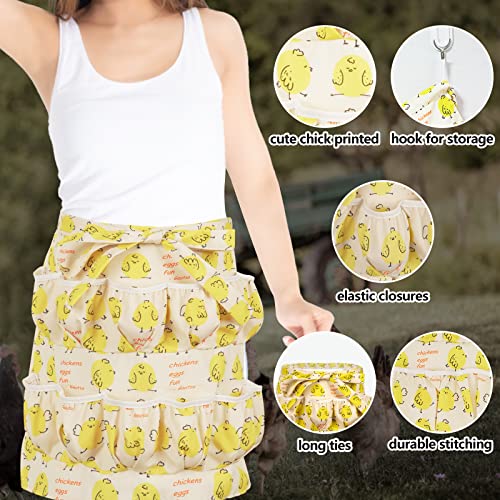 Egg Apron for Kid and Adult, Deep Pockets with Elastic Closure | Long Ties to Wrap Around and Tie In Front, Yellow Chick Printed, Egg Collect Gather Hold Apron - color: Yellow for Kid