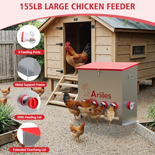 100lb Automatic Chicken Feeder with 6 No-Waste Ports, Metal Poultry Feeder with Elevated Stand & Weatherproof Lid, Large Feed Dispenser for Chickens, Ducks & Backyard Poultry - size: 100 LB