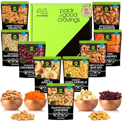 NUT CRAVINGS - Dried Fruit & Mixed Nuts Basket in Green Box (9 Assortments of 4 oz, 2.25 lb) Food Arrangement, Healthy Snack Care Package, Kosher - style: Variety Bags (9 Assortment)