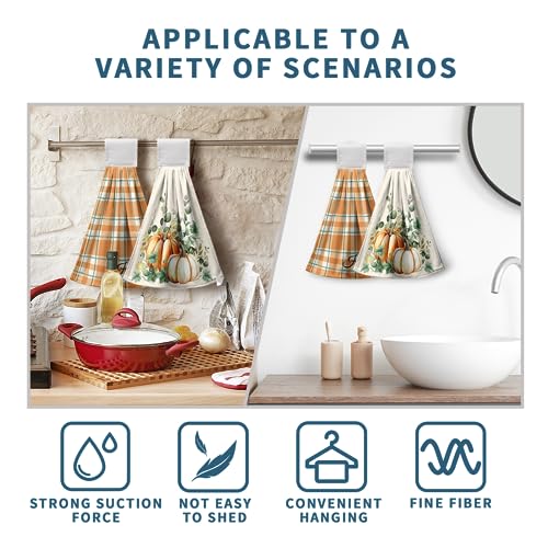 Fall Autumn Hanging Kitchen Towels Thanksgiving Pumpkin Hand Towel with Hanging Loop Vintage Checkered Plaid Dish Towels Soft Absorbent Fingertip Bath Tie Towel for Bathroom Decorative Set of 2 - color: Fall Pumpkin